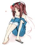  1girl barefoot blush brown_hair galilei_donna hair_ornament hair_scrunchie hozuki_ferrari kou_mashiro naked_overalls overalls scrunchie smile solo strap_slip wrench 