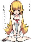  1girl blonde_hair doughnut food food_on_face kou_mashiro long_hair looking_at_viewer monogatari_(series) nisemonogatari oshino_shinobu simple_background sitting solo translation_request very_long_hair wariza white_background 