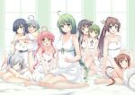  6+girls :d ahoge akigumo_(kantai_collection) alternate_costume arms_up asashimo_(kantai_collection) bangs bare_shoulders barefoot between_legs black_hair blunt_bangs blush bob_cut braid breasts brown_hair commentary double_bun dress glasses green_eyes green_hair grey_eyes grey_eyes grey_hair hair_ornament hair_over_one_eye hair_ribbon hand_between_legs hayashimo_(kantai_collection) highres holding_hands hug hug_from_behind kantai_collection kazagumo_(kantai_collection) kiyoshimo_(kantai_collection) kusano_(torisukerabasu) long_hair looking_at_viewer low_twintails makigumo_(kantai_collection) mole mole_under_mouth multicolored_hair multiple_girls naganami_(kantai_collection) open_mouth pink_hair ponytail purple_hair ribbon seiza short_hair short_hair_with_long_locks sidelocks silver_hair single_braid sitting sitting_on_lap sitting_on_person smile takanami_(kantai_collection) tsurime twintails v_arms very_long_hair wariza white_dress window wrist_cuffs yuugumo_(kantai_collection) 