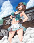  1girl black_gloves blue_eyes breasts cleavage gloves hands_on_hips hat hobenkei kantai_collection maya_(kantai_collection) midriff navel open_mouth remodel_(kantai_collection) short_hair skirt snow solo 