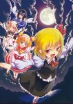  4girls black_hair blonde_hair blue_eyes bow chestnut_mouth fairy_wings full_moon hair_bow headdress luna_child moon multiple_girls night night_sky open_mouth orange_eyes outstretched_arms red_eyes rumia sky smile star_sapphire sunny_milk tamon_ketsuyuki touhou wings 