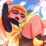 1girl agent_3 arm_up bike_shorts closed_eyes domino_mask fangs headgear hizake inkling long_sleeves mask open_mouth orange_hair shoes sneakers solo splatoon tentacle_hair tentacles tower victory_pose 
