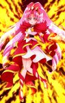  1girl absurdres akagi_towa belt blush choker cure_scarlet detached_sleeves earrings fiery_background fire full_body go!_princess_precure highres jewelry long_hair magical_girl pink_hair pointy_ears precure quad_tails red_eyes red_shoes sharumon shoes skirt solo 