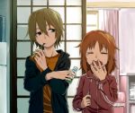  2girls abe_nana alternate_hairstyle brown_hair brushing_teeth green_eyes hair_down idolmaster idolmaster_cinderella_girls kimura_natsuki kyouno multiple_girls open_mouth short_hair toothbrush toothpaste track_suit yawning 