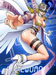  1girl angel_wings angewomon ass asymmetrical_clothes blonde_hair breasts cleavage covered_eyes digimon helmet high_heels lowres o-ring official_art open_mouth outstretched_arm pointing solo thigh_strap twisted_torso wings 