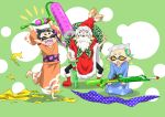  1boy 2girls aori_(splatoon) black_hair commander_atarime fangs hotaru_(splatoon) mole mole_under_eye multiple_girls paint_roller pointy_ears sack short_hair silver_hair splatoon taka-michi tentacle_hair twintails younger 