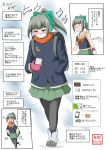  &gt;o&lt; backpack bag battery boots bow cellphone clenched_hand coat coat_removed commentary_request danboo earmuffs food_print green_hair hair_bow hand_in_pocket highres kantai_collection mask midriff miniskirt mittens pantyhose phone ponytail school_uniform serafuku skirt sleeves_rolled_up smartphone suica suica_design surgical_mask syringe translation_request wristband yano_toshinori yellow_eyes yotsubato! yuubari_(kantai_collection) 