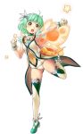  1girl :d ahoge anklet armpits bangs bow bracelet brooch choker clenched_hands covered_navel fairy fairy_wings feathers frills full_body gloves green_hair hair_ornament happy jewelry joy_(sennen_sensou_aigis) looking_at_viewer official_art one_leg_raised open_mouth orange_eyes outstretched_arm ribbon school_swimsuit sennen_sensou_aigis short_hair simple_background small_breasts smile standing_on_one_leg star swimsuit swimsuit_costume thigh-highs uchiu_kazuma white_background white_gloves white_legwear wings 