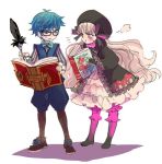  1boy 1girl alice_(fate/extra) artist_request book caster_(fate/extra_ccc) fate/grand_order fate_(series) glasses hat long_hair mob_cap nursery_rhyme_(fate/grand_order) pout quill ribbon 