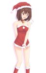  1girl breasts brown_eyes brown_hair cleavage covered_navel embarrassed hat open_mouth princess_connect! santa_costume santa_hat simple_background solo white_background yyi 