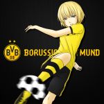  1girl ball black_background blonde_hair blue_eyes borussia_dortmund emblem germany logo original personification reiji-rj short_hair shorts smile soccer soccer_ball soccer_jersey soccer_uniform solo sportswear 