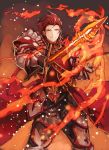  1boy armor closed_mouth fire granblue_fantasy hair_slicked_back holding_weapon male_focus percival_(granblue_fantasy) red red_eyes smile solo sword weapon zinnkousai3850 