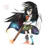  1girl arm_cannon arm_up bird_wings black_hair black_wings bow brown_eyes cape gorilla_(bun0615) hair_bow highres long_hair looking_at_viewer mismatched_footwear puffy_short_sleeves puffy_sleeves reiuji_utsuho shirt short_sleeves skirt solo space third_eye touhou very_long_hair weapon wind wings 