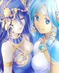  2girls anklet bare_shoulders blue_eyes blue_hair blue_lipstick breast_press breasts choker cleavage closed_eyes crescent_moon dress egyptian facial_mark forehead_mark hair_ornament hair_tubes highres ishiyumi jewelry lipstick long_hair makeup moon multiple_girls nut_(p&amp;d) puzzle_&amp;_dragons sarasvati_(p&amp;d) smile symmetrical_docking 