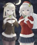  2girls animal_ears antlers aran_sweater artist_request bell blonde_hair breasts capelet christmas cleavage cleavage_cutout clouds crescent_moon fake_animal_ears graf_zeppelin_(kantai_collection) grey_eyes hair_bell hair_ornament hairband hands_on_own_chest hat highres kantai_collection kashima_(kantai_collection) large_breasts miniskirt moon multiple_girls open-chest_sweater pantyhose pleated_skirt reindeer reindeer_antlers reindeer_ears santa_hat silver_hair skirt sky smile sweater thigh-highs twintails 