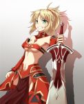  1girl blonde_hair clarent detached_sleeves fate/apocrypha fate/grand_order fate_(series) faulds green_eyes grin highres midriff navel ponytail raodekiya saber_of_red smile solo strapless sword tubetop weapon 