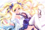  1girl bare_shoulders blonde_hair blue_bow bow commentary_request detached_sleeves emily_stewart frilled_legwear frills hair_bow hair_ornament idolmaster idolmaster_million_live! ima_(lm_ew) long_hair looking_at_viewer smile solo twintails violet_eyes white_legwear 