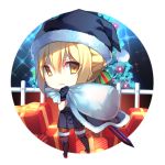  1girl blonde_hair boots cape chibi dark_excalibur fate/grand_order fate_(series) gloves hat pantyhose saber saber_alter sack santa_hat short_hair solo sword ureshiijelek weapon yellow_eyes 