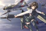 1girl aichi_b7a aircraft airplane bike_shorts bow_(weapon) breasts brown_eyes brown_hair clip_(weapon) clouds commentary_request crossbow flying green_skirt headband headgear holding_weapon kantai_collection machinery propeller remodel_(kantai_collection) rigging rokuwata_tomoe short_hair shorts_under_skirt sideboob skirt sky solo_focus taihou_(kantai_collection) thigh-highs torpedo weapon 