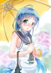  1girl ahoge blue_eyes blue_hair commentary_request kantai_collection long_hair looking_at_viewer outdoors rain samidare_(kantai_collection) school_uniform shirt sleeveless sleeveless_shirt solo umbrella very_long_hair yokoshima_(euphoria) 