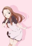  1girl brown_eyes brown_hair highres idolmaster index_finger_raised jewelry long_hair looking_at_viewer minase_iori monsterx necklace one_eye_closed pink_background solo 