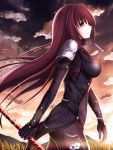  1girl bodysuit breasts fate/grand_order fate_(series) from_side large_breasts long_hair polearm purple_hair red_eyes scathach_(fate/grand_order) solo weapon xyomouse 