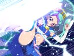  1girl blue blue_background blue_eyes blue_hair blue_shirt blue_skirt commentary_request cure_mermaid detached_sleeves earrings eyelashes fighting_stance go!_princess_precure hair_ornament highlights jewelry kaidou_minami kicking long_hair looking_at_viewer magical_girl midriff multicolored_hair navel ponytail precure purple_hair seashell seashell_earrings serious shell shirt skirt solo standing streaked_hair tj-type1 two-tone_hair very_long_hair wrist_cuffs 