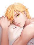  1boy adrien_agreste ango bangs blonde_hair face green_eyes highres ladybug looking_at_viewer male male_focus miraculous_ladybug one_eye_closed parted_lips pillow pin shirtless signature simple_background solo swept_bangs white_background 