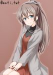  1girl anti_(untea9) blue_eyes blush brown_background brown_hair commentary dress formal grey_jacket hands_on_own_thighs highres jacket jewelry kantai_collection kumano_(kantai_collection) long_hair long_sleeves looking_at_viewer necklace ponytail red_dress simple_background sitting smile solo twitter_username 