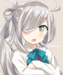  1girl ahoge asashimo_(kantai_collection) bowtie character_name crossed_arms hair_over_one_eye kantai_collection long_hair long_sleeves looking_to_the_side open_mouth ponytail runruun shirt silver_hair simple_background solo upper_body white_shirt 