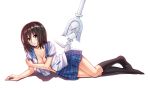  1girl black_hair black_legwear blue_skirt breasts cleavage himeragi_yukina open_clothes open_shirt pleated_skirt school_uniform shirt simple_background skirt solo strike_the_blood veilrain white_background yellow_eyes 