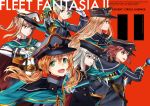  6+girls :d adapted_costume alternate_costume auburn_hair belt bismarck_(kantai_collection) blonde_hair blue_eyes brown_eyes brown_hair buttons cape commentary_request cover cover_page cropped_jacket doujin_cover gloves graf_zeppelin_(kantai_collection) green_cape gun hair_between_eyes hand_on_headwear hat holding_gun holding_weapon kantai_collection kerchief kriegsmarine long_hair long_sleeves looking_at_viewer looking_to_the_side multiple_girls open_mouth peaked_cap prinz_eugen_(kantai_collection) ruisento short_hair sidelocks silver_hair smile sword twintails u-511_(kantai_collection) uniform weapon white_gloves white_hair wind z1_leberecht_maass_(kantai_collection) z3_max_schultz_(kantai_collection) 