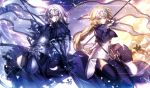  2girls armor armored_dress blonde_hair blue_eyes braid breasts capelet dress dual_persona fate/apocrypha fate/grand_order fate_(series) faulds flag gauntlets headpiece highres jeanne_alter long_hair multiple_girls ruler_(fate/apocrypha) ruler_(fate/grand_order) shinooji single_braid thigh-highs violet_eyes 
