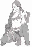  1girl belt bikini breasts elbow_gloves gloves gun ina_(gokihoihoi) metal_gear_(series) metal_gear_solid_v monochrome navel pantyhose ponytail quiet_(metal_gear) short_hair solo squatting swimsuit thumbs_up torn_clothes torn_pantyhose under_boob weapon 