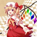  1girl :d blonde_hair dress fang flandre_scarlet hat laevatein looking_at_viewer mob_cap note_(aoiro_clip) open_mouth pink_eyes puffy_short_sleeves puffy_sleeves red_dress shirt short_sleeves side_ponytail smile solo touhou wings wrist_cuffs 