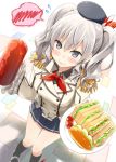  1girl 3: 3:&lt; beret black_legwear blue_eyes blush breasts buttons coffee_cup epaulettes eretto flying_sweatdrops food gloves hat jacket kantai_collection kashima_(kantai_collection) kneehighs large_breasts long_hair military military_uniform miniskirt plate pleated_skirt sandwich silver_hair skirt solo spoken_blush spoken_squiggle squiggle twintails uniform wavy_hair white_gloves 