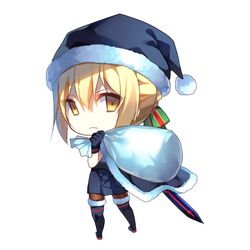  1girl blonde_hair boots cape chibi dark_excalibur fate/grand_order fate_(series) gloves hat pantyhose saber saber_alter sack santa_hat short_hair simple_background solo sword ureshiijelek weapon yellow_eyes 