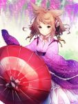  1girl alternate_costume bangs bow brown_eyes brown_hair earmuffs earrings flower japanese_clothes jewelry kimono light_smile looking_at_viewer makuwauri oriental_umbrella pointy_hair sash short_hair smile solo tassel touhou toyosatomimi_no_miko umbrella wisteria 