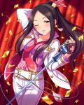  1girl artist_request black_hair blush brown_eyes confetti earrings fingerless_gloves gloves hiiragi_shino idolmaster idolmaster_cinderella_girls jewelry long_hair microphone microphone_stand nail_polish necktie official_art one_eye_closed ponytail ring smile solo vintage_microphone 