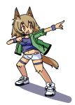  1girl animal_ears brown_eyes brown_hair claws dog_ears dog_tail fang full_body fur furry highres kobold monster_girl monster_musume_no_iru_nichijou navel polt pose rolf_(artist) shadow simple_background solo sweatband tail usain_bolt white_background 