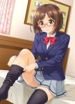  1girl animal_ears brown_hair dressing glasses green_eyes hida_tatsuo highres idolmaster idolmaster_cinderella_girls maekawa_miku school_uniform short_hair smile sock_pull solo 