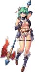  1girl armor awakening_(sennen_sensou_aigis) axe bikini_armor blue_eyes blush boots breasts bridal_gauntlets celia_(sennen_sensou_aigis) full_body glasses gloves green_eyes green_hair knee_boots large_breasts long_hair official_art open_mouth sennen_sensou_aigis simple_background solo standing uchiu_kazuma weapon 