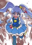  1girl :o absurdres black_legwear blue_eyes blue_hair blue_necktie blue_skirt brooch crown cure_princess eyebrows female frills happinesscharge_precure! highres jewelry long_hair magical_girl mini_crown necktie precure puca-rasu running shirayuki_hime sidelocks skirt solo sweat thick_eyebrows thigh-highs twintails wrist_cuffs 