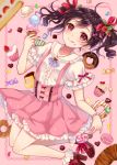  1girl :q black_hair bobby_socks bow candy center_frills cupcake doughnut food food_on_face hair_bow ice_cream lollipop looking_at_viewer love_live!_school_idol_project macaron pudding red_eyes sakura_hiyori short_hair smile socks solo suspenders tongue tongue_out twintails yazawa_nico 
