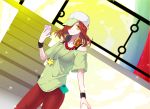  1girl bakemonogatari brown_hair cellphone gaen_izuko hair_over_one_eye hat headphones headphones_around_neck iphone jewelry long_hair looking_at_viewer monogatari_(series) necklace phone smartphone smile solo yellow_eyes 