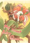  black_eyes blush carrying english fairy florges hand_on_another&#039;s_face no_humans plant pokemon pokemon_(creature) princess_carry red_eyes shake_(nogard) simple_background single_eye smile trevenant yellow_background 