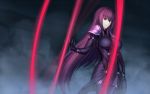  1girl bodysuit breasts covered_navel fate/grand_order fate_(series) fog kotera_ryou large_breasts long_hair parted_lips pauldrons purple_hair rain red_eyes scathach_(fate/grand_order) solo upper_body very_long_hair 