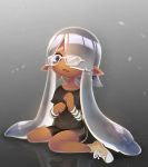  1girl bike_shorts blush dark_skin domino_mask fangs glasses hair_over_one_eye inkling long_hair looking_at_viewer mask mofuaki open_mouth pointy_ears simple_background sitting solo splatoon tentacle_hair wariza white-framed_glasses 