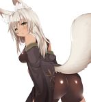  1girl animal_ears ass bike_shorts blush breasts brown_eyes eyebrows fox_ears fox_tail japanese_clothes looking_at_viewer looking_back mofuaki original silver_hair simple_background solo tail thick_eyebrows white_background 