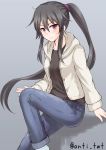  1girl anti_(untea9) bangs black_hair black_shirt blue_background blue_pants blush casual commentary denim frown hair_ornament hand_on_own_knee highres hoodie jeans kantai_collection long_hair long_pants long_sleeves looking_at_viewer open_clothes pants ponytail shirt simple_background solo sweat twitter_username very_long_hair violet_eyes yahagi_(kantai_collection) 